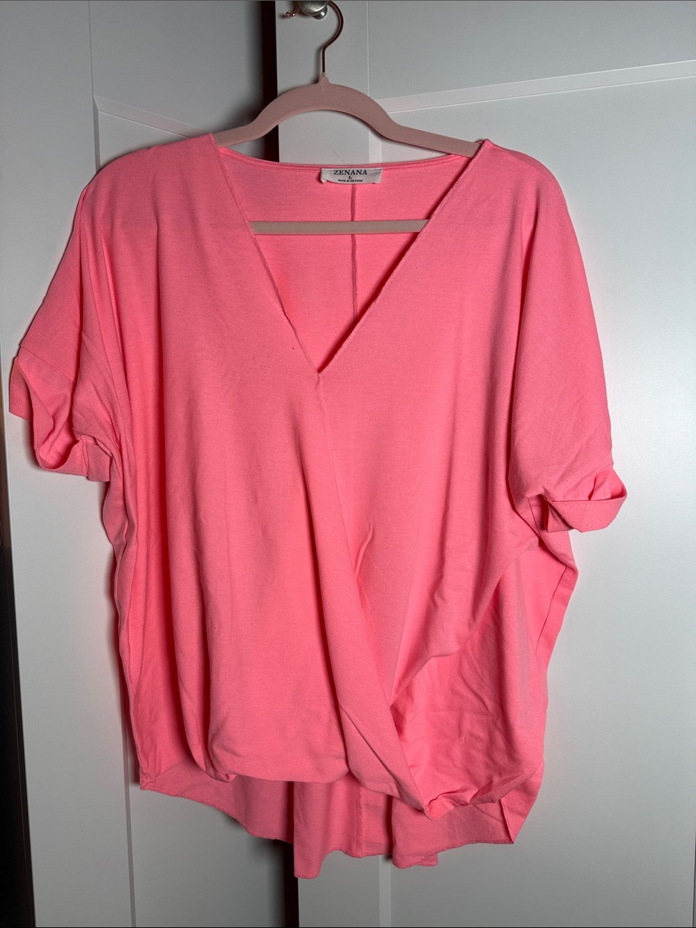 Zenana Outfitters Coral Pink V-Neck Wrap Front Short Sleeve Top